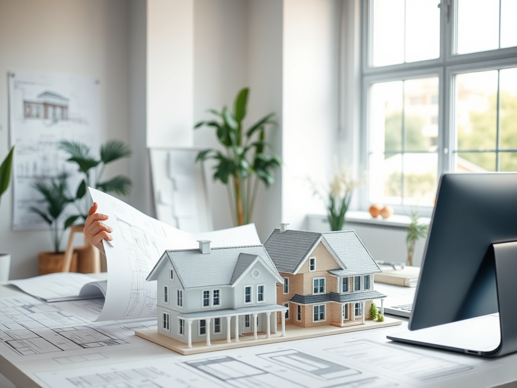 Сколько стоит построить дом в 2026 году На столе расположены модели домов и архитектурные чертежи, а за столом виден компьютер и растения.