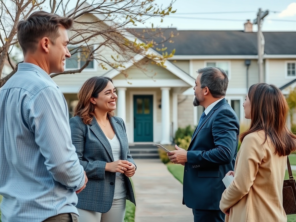 Четыре человека общаются рядом с домом. Двое из них улыбаются, остальные обсуждают важные вопросы.