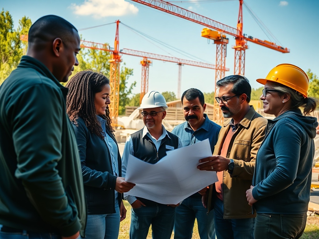 Как оформить участок под строительство Группа специалистов обсуждает планы строительного проекта на фоне строительных кранов.