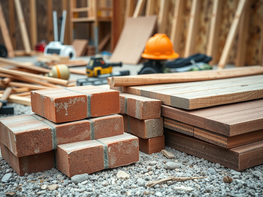 Сколько стоит построить дом в 2026 году На строительной площадке лежат кирпичи и деревянные доски, рядом инструменты и защитный шлем.