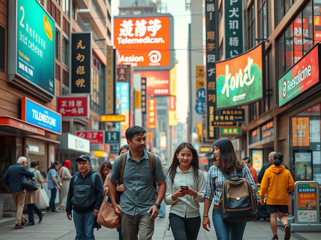 На оживлённой улице люди гуляют между магазинами и рекламными вывесками. Атмосфера городской жизни.