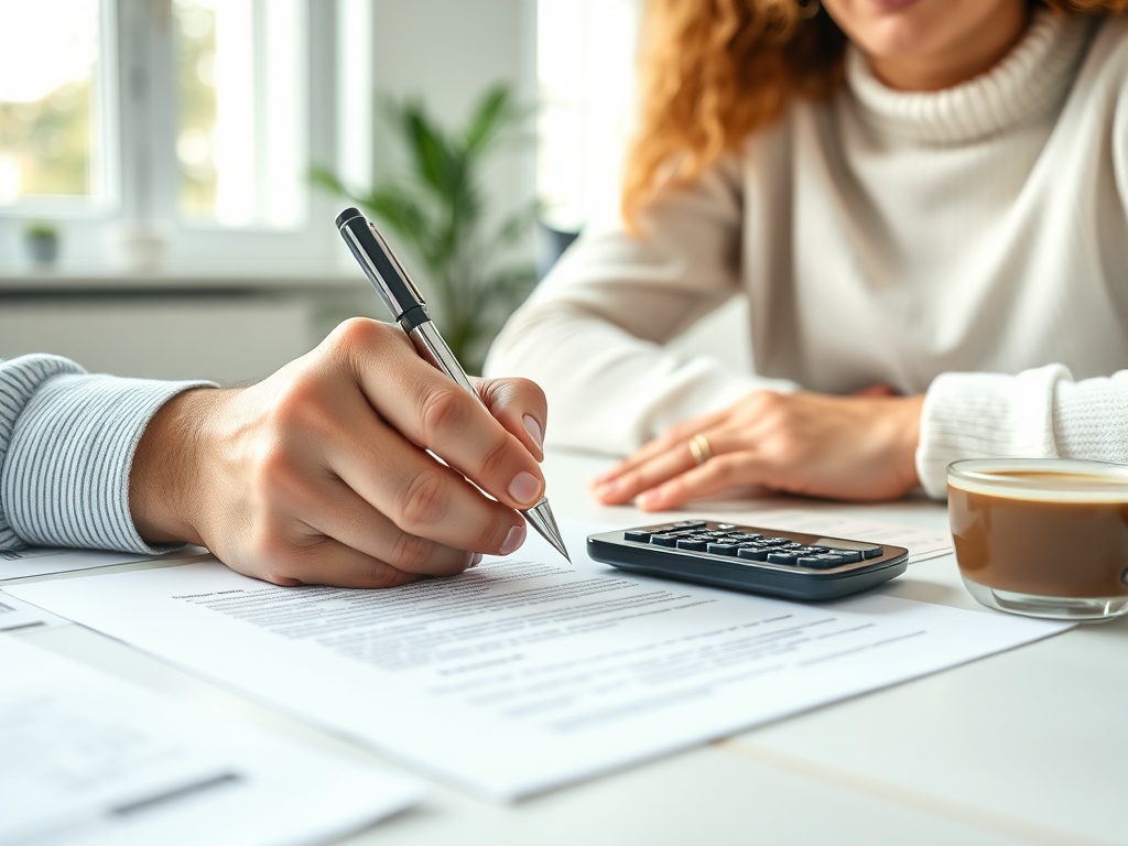 На столе лежат документы, калькулятор и чашка кофе. Женщина подписывает бумаги.