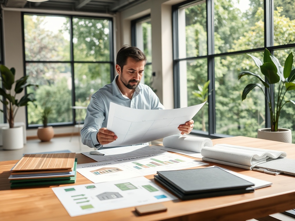 Какие материалы лучше для строительства дома Мужчина смотрит на чертежи и планы в современном офисе с большими окнами и зелеными растениями.