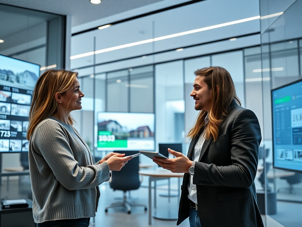 Два человека общаются в современном офисе, обсуждая проекты на планшетах. На стенах экраны с данными.