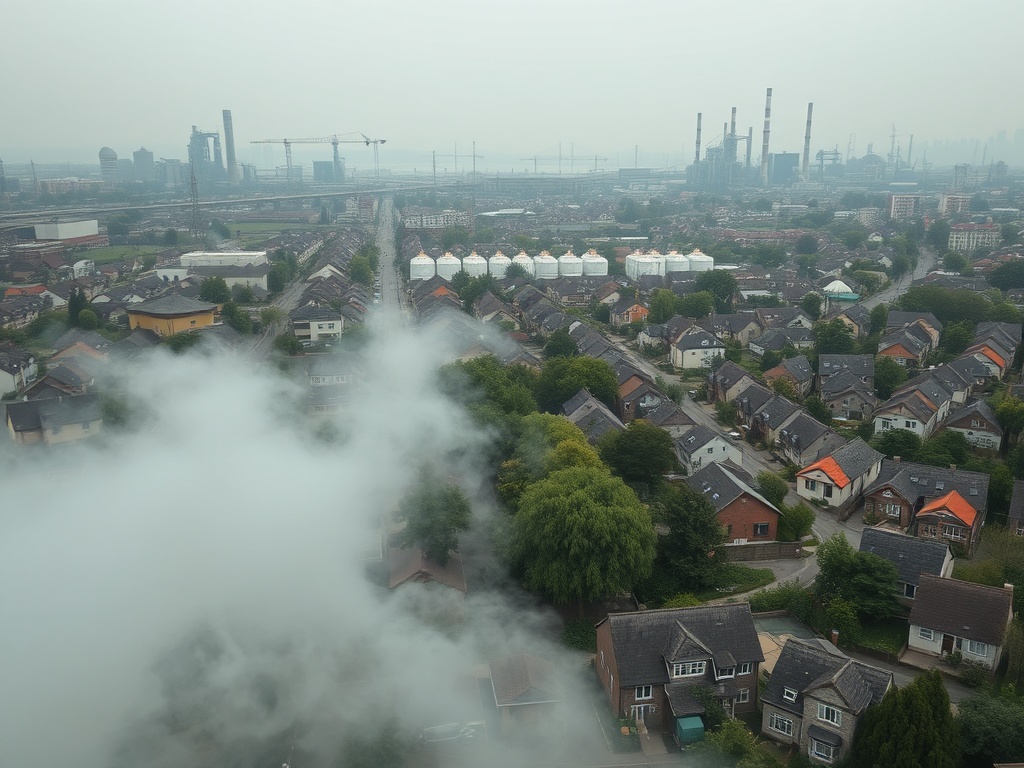 Городская панорама с домами и заводами, затянутыми дымом и туманом, на фоне серого неба.