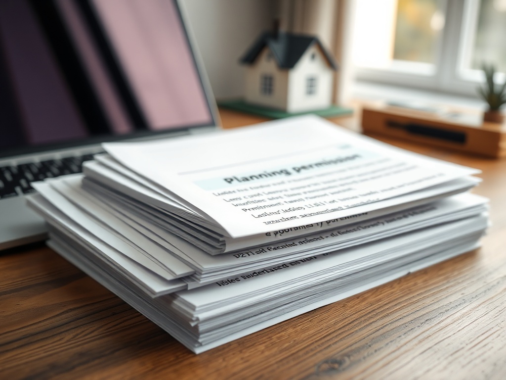 Как оформить участок под строительство На столе лежит куча документов о планировании, рядом с ноутбуком и моделью дома.