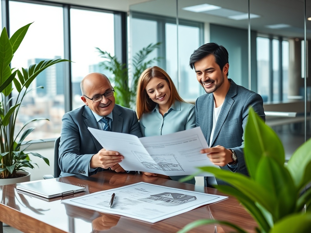 Трое людей в офисе изучают документы. На столе планы и заметки, на заднем плане виден городской пейзаж.