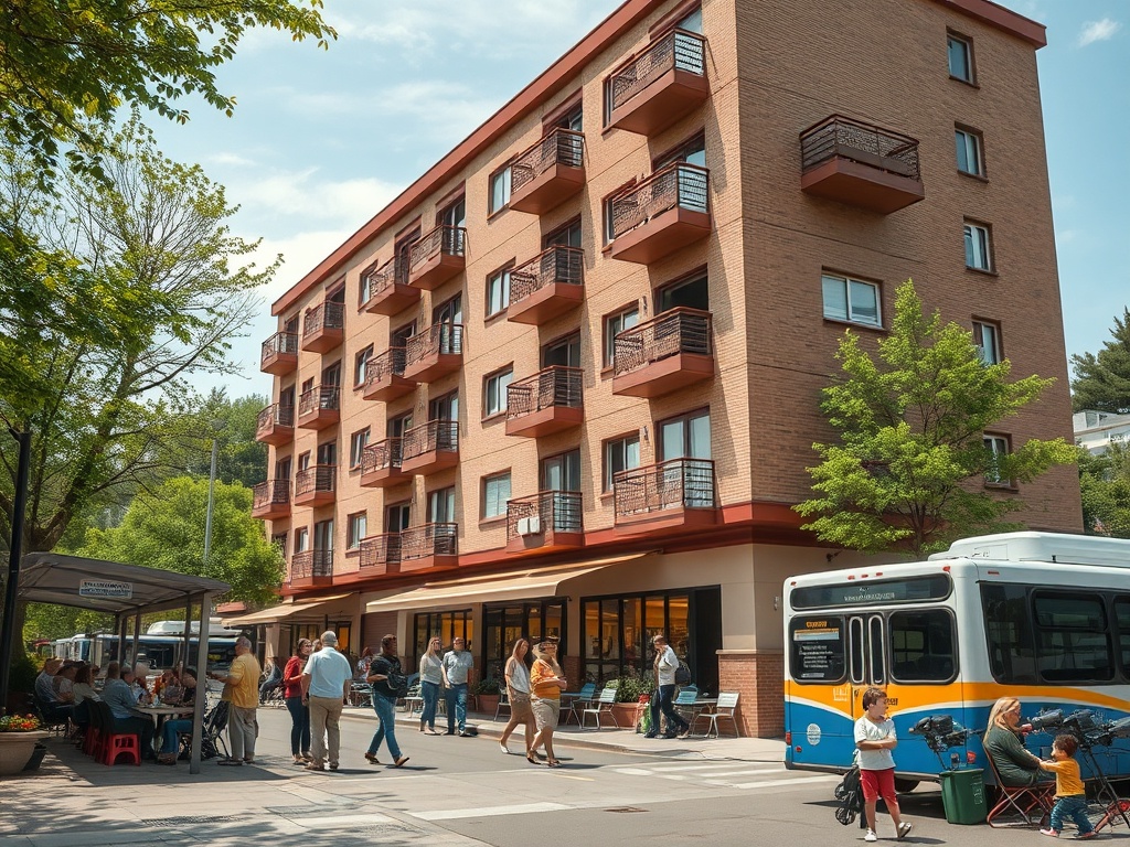 Здание с балконами, люди на улице, автобус и кафе на открытом воздухе в солнечный день.