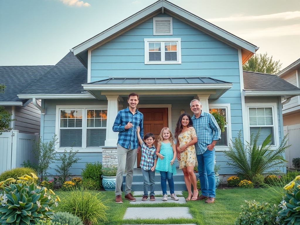 Какие материалы лучше для строительства дома Счастливая семья стоит перед своим домом, наслаждаясь солнечным днем и улыбаясь в камеру.